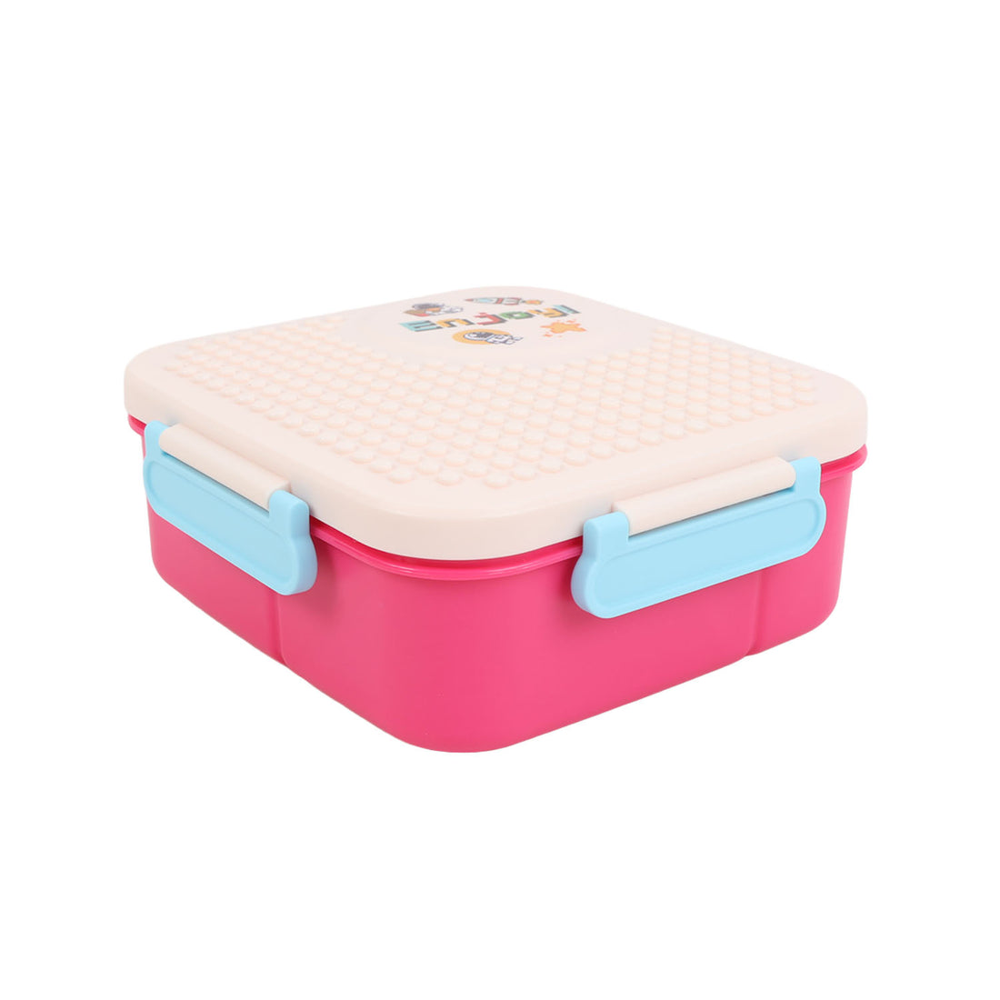 Closed pink lunch box with pale square top, blue latches, and small star pattern
