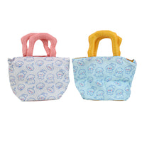 Stuffed fabric tote bag set with blue-and-white puppy pattern, pink and yellow handles