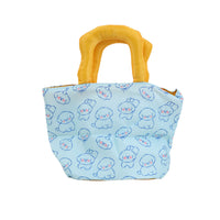 Stuffed fabric tote bag with light-blue puppy pattern and yellow fabric handles