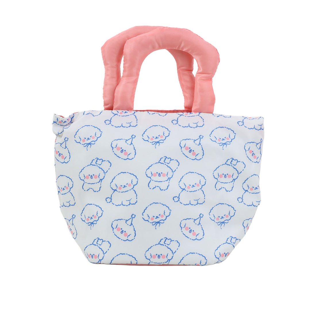 Stuffed fabric tote bag with light-blue puppy pattern and pink fabric handles