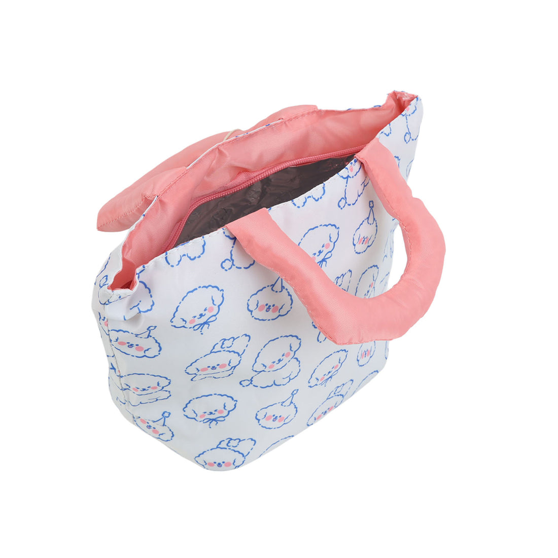Stuffed fabric tote bag with blue puppy pattern, pink handles, open top with dark lining