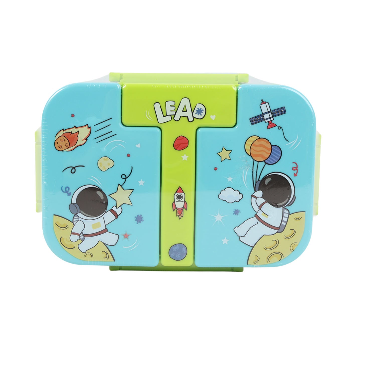 Kids three-compartment plastic lunch box with space astronauts, rocket and star graphics