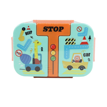 Kids three-compartment plastic lunch box with traffic STOP signage and road icons
