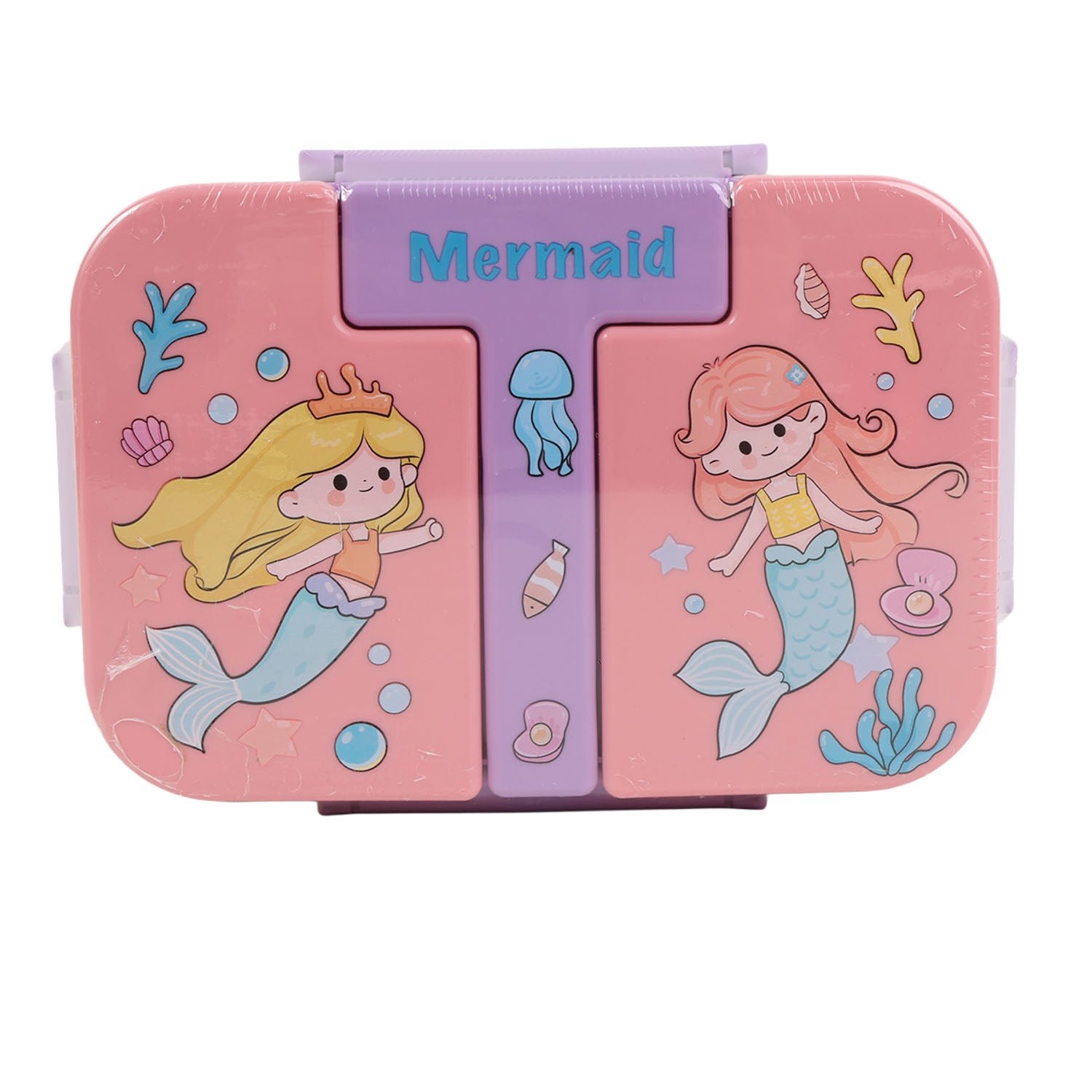Kids three-compartment plastic lunch box with mermaid graphics and purple center latch