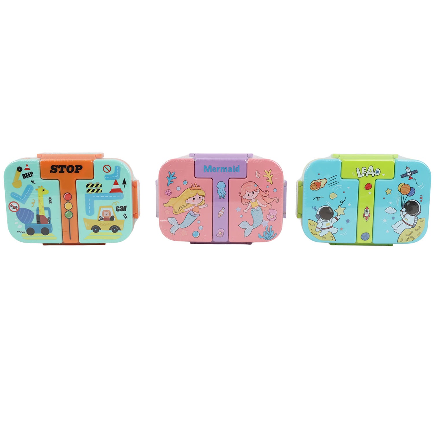 Kids three-compartment plastic lunch box with traffic-themed STOP signs and car graphics