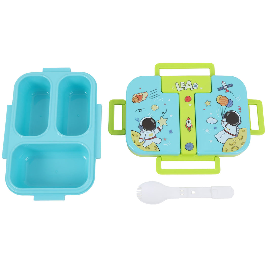 Kids three-compartment plastic lunch box open with two compartments and included white utensil