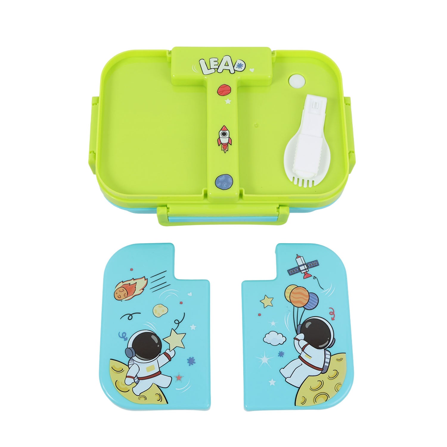 Kids three-compartment plastic lunch box lid with space-theme astronaut graphics and clasp