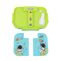 Kids three-compartment plastic lunch box lid with space-theme astronaut graphics and clasp