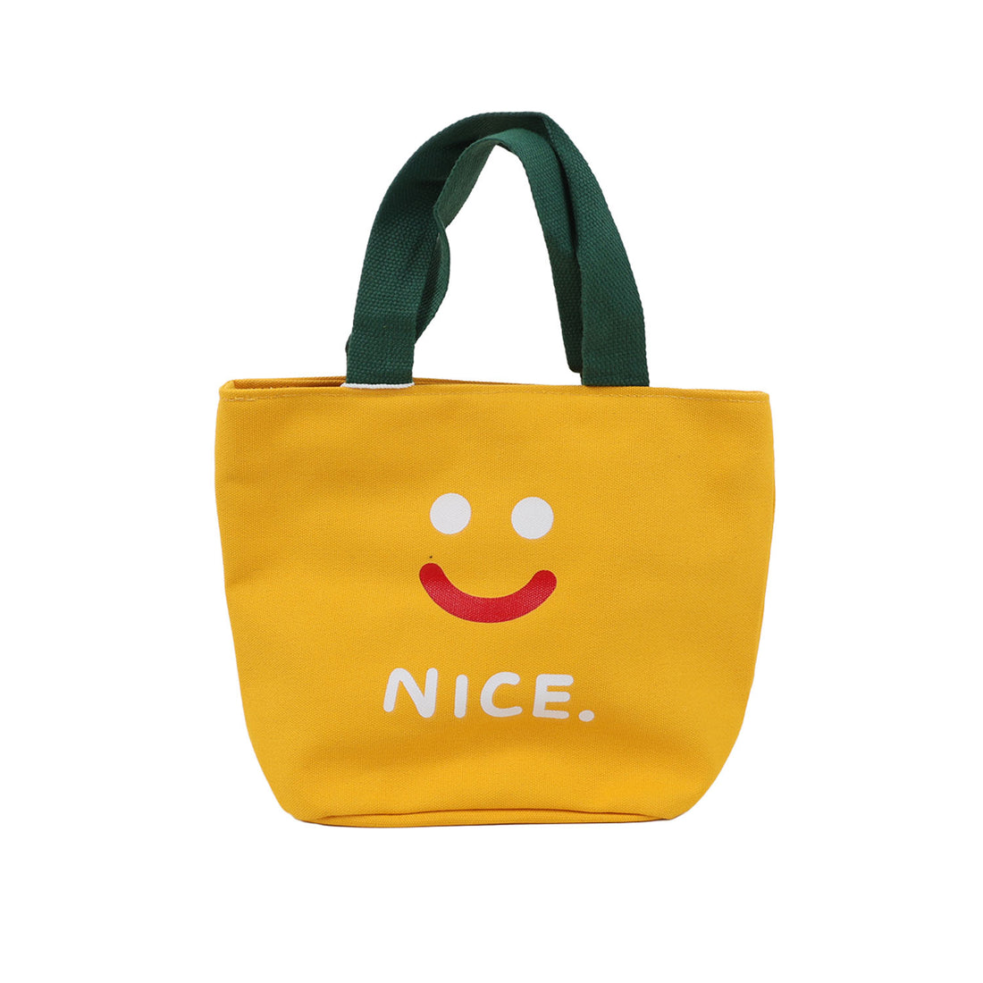 Yellow handheld lunch bag with green handles, smiley face and 'NICE.' print