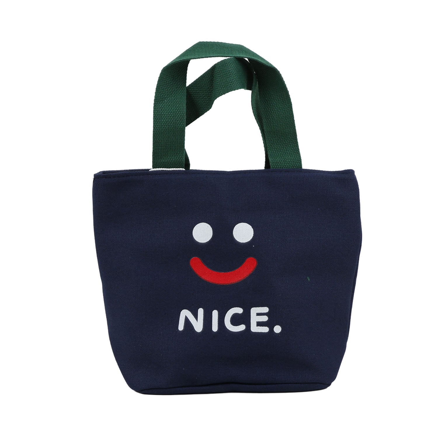 Navy handheld lunch bag with green handles, smiley face and 'NICE.' print