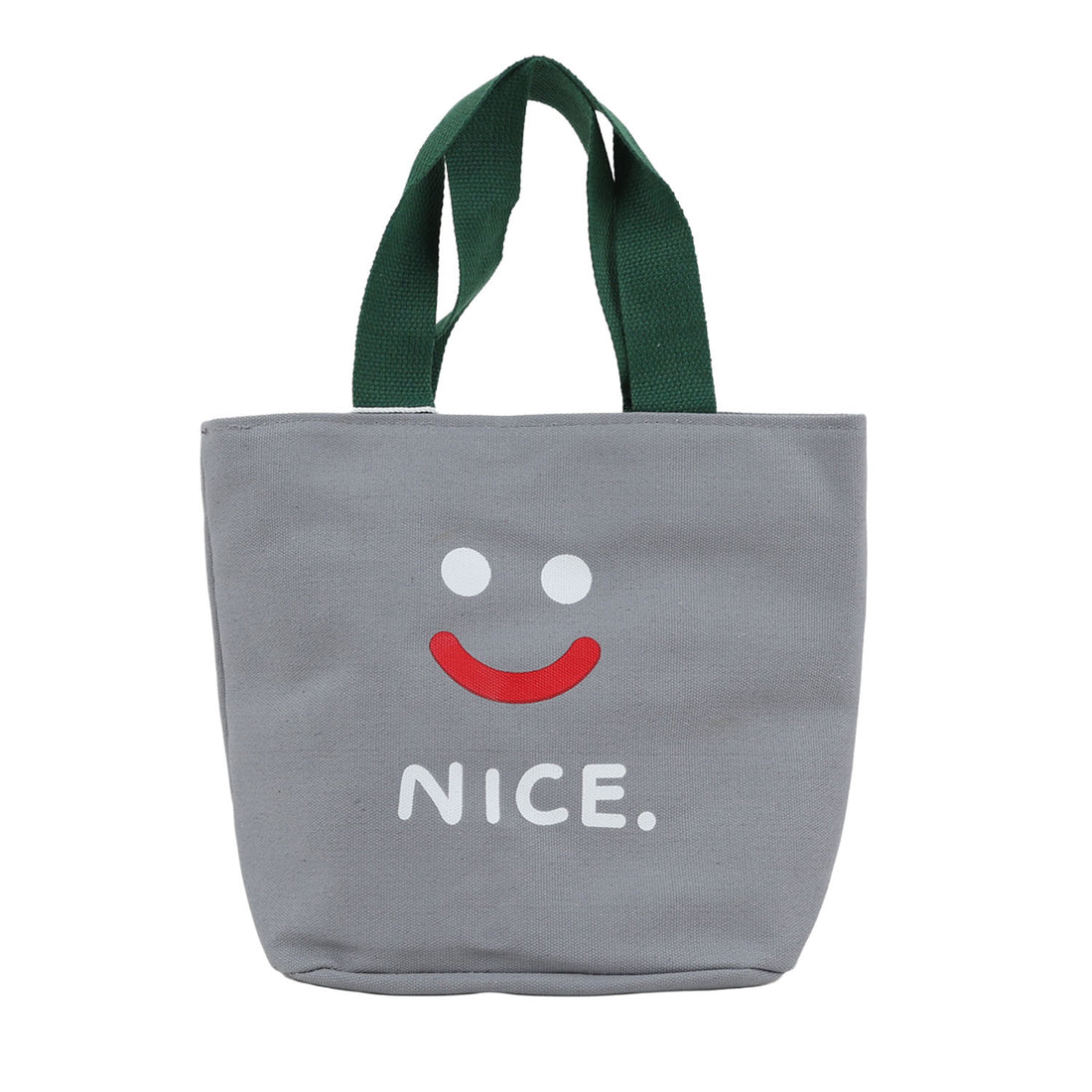 Gray handheld lunch bag with green handles, smiley face and 'NICE.' print
