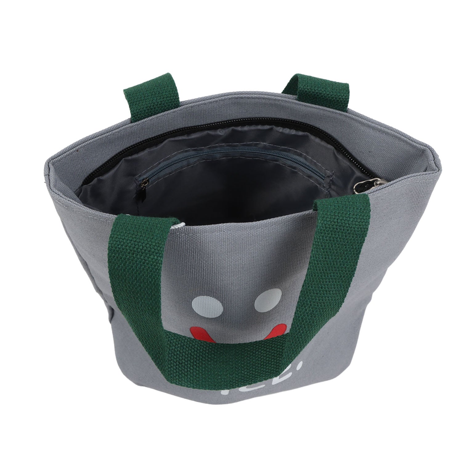 Gray lunch bag interior view with dark lining, green handles, smiley face print