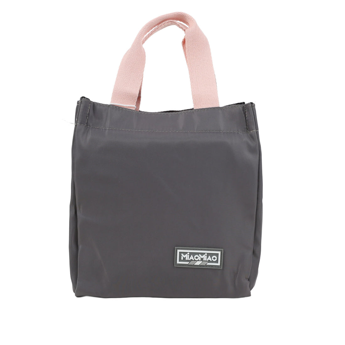 Dark gray handheld lunch bag with pink handles and logo patch on front.