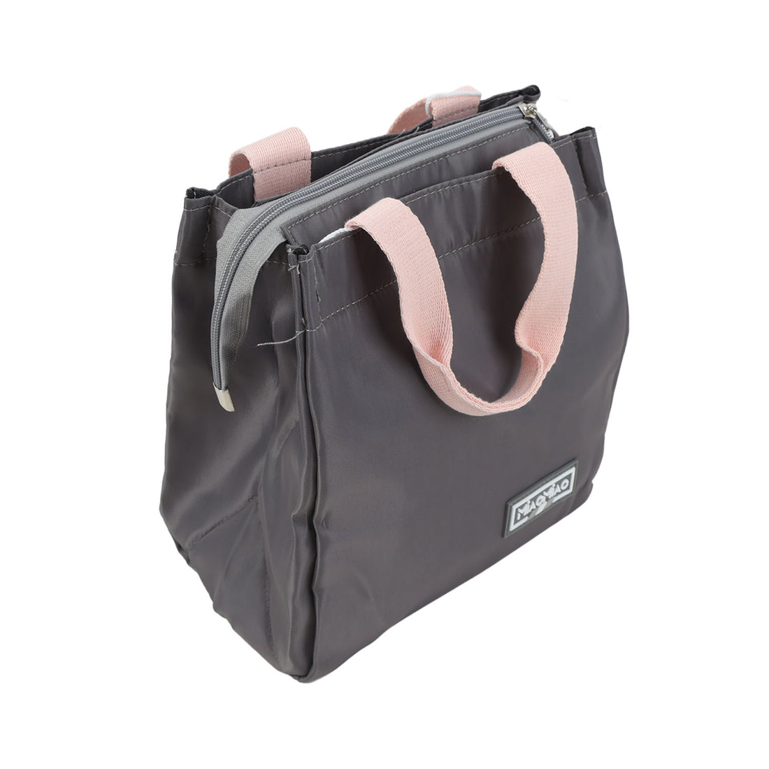 Dark gray handheld lunch bag with pink handles, front zipper pocket, and side view logo.