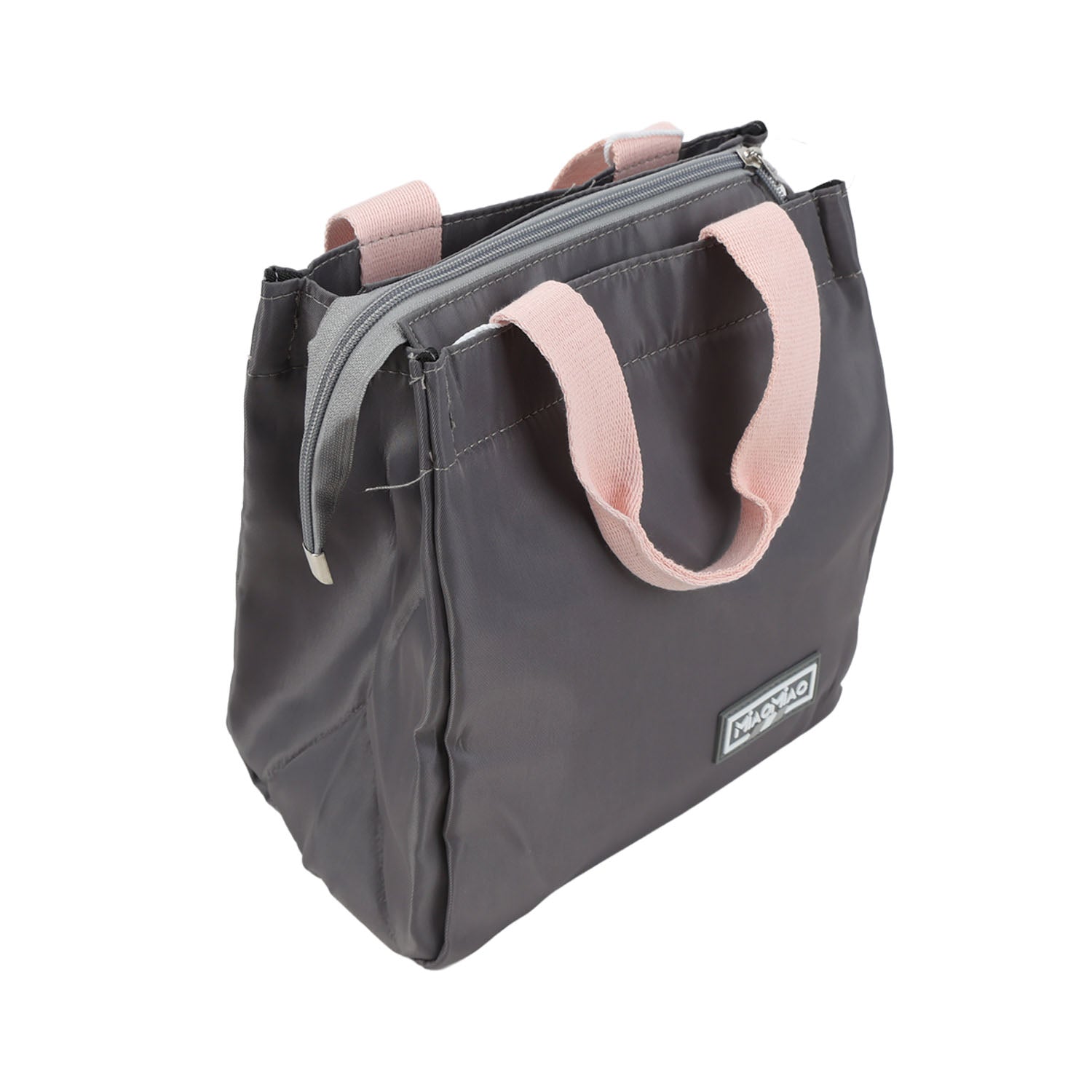 Dark gray handheld lunch bag with pink handles, front zipper pocket, and side view logo.