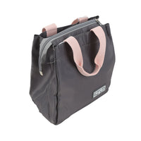 Dark gray handheld lunch bag with pink handles, front zipper pocket, and side view logo.