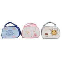 Three handheld cartoon lunch bags: blue bear, pink striped animals, gray sheep pizza.