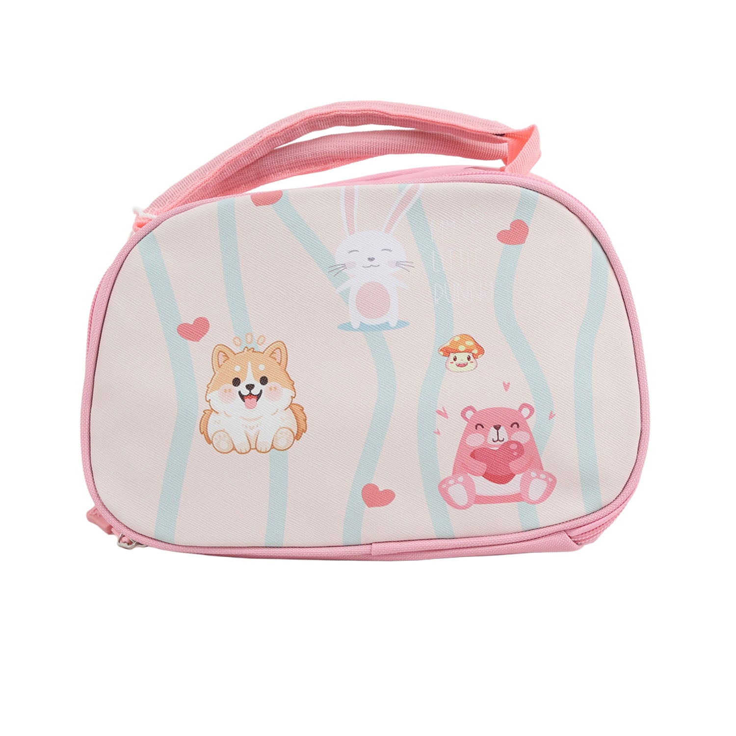 Pink striped cartoon lunch bag with handle, zip top, rabbit and bear character prints.
