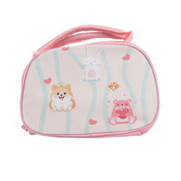 Pink striped cartoon lunch bag with handle, zip top, rabbit and bear character prints.