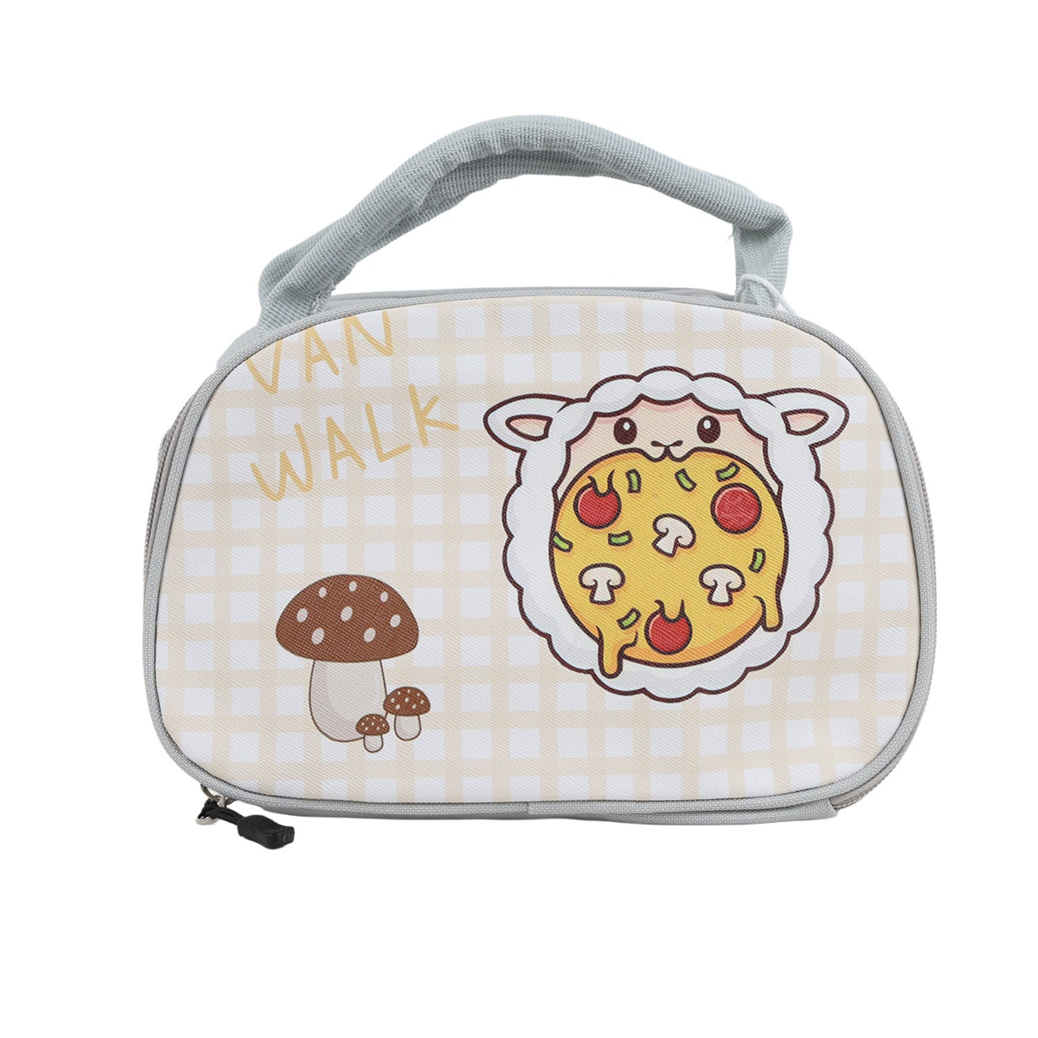Cream plaid cartoon lunch bag with handle, zip top, “WALK” and pizza sheep graphic.