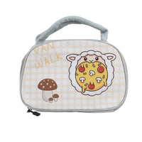 Cream plaid cartoon lunch bag with handle, zip top, “WALK” and pizza sheep graphic.