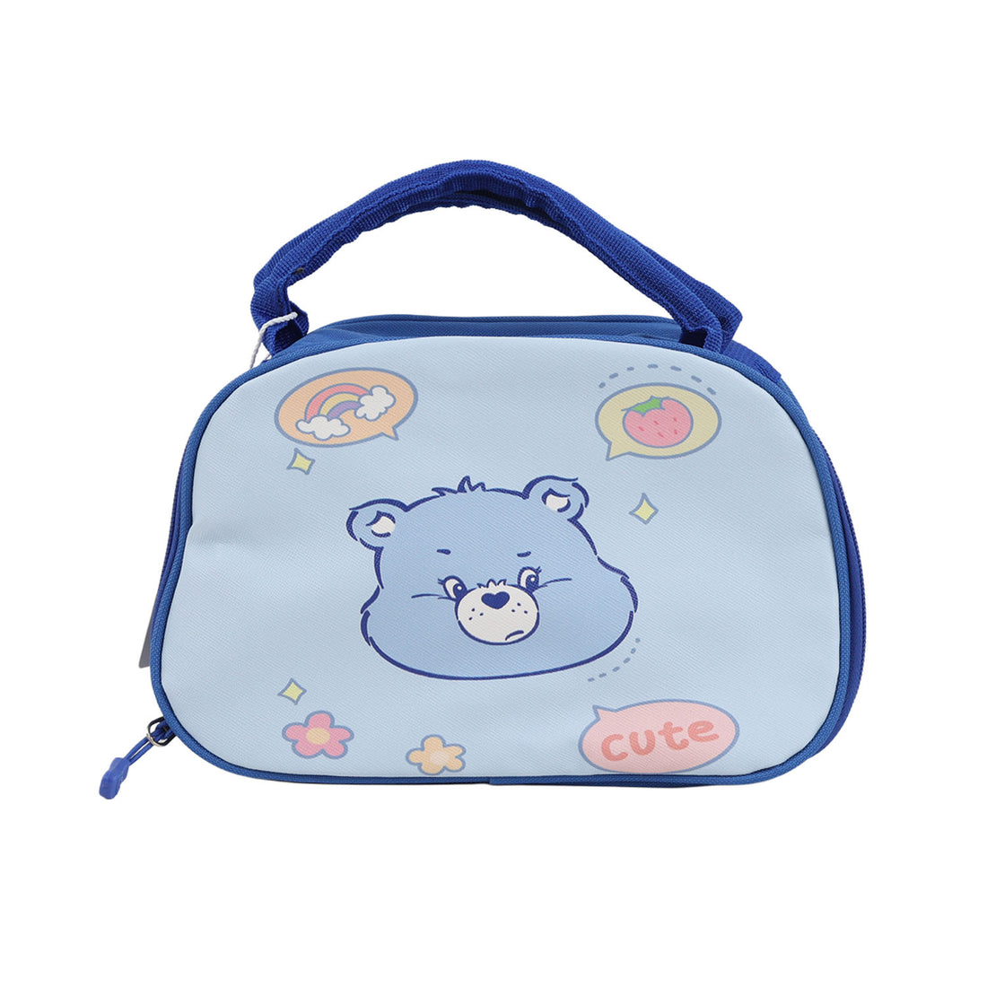 Light blue cartoon lunch bag with handle, zip top, bear face and heart cloud prints.