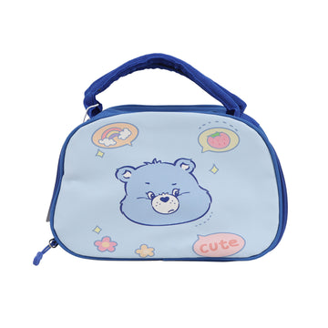Light blue cartoon lunch bag with handle, zip top, bear face and heart cloud prints.