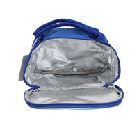 Blue zip-top lunch bag opened, showing silver insulated interior and storage lining.