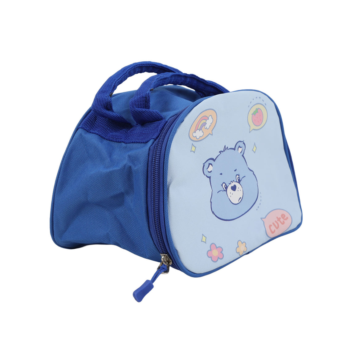 Blue cartoon handheld lunch bag close-up with bear graphic and front zip pull.