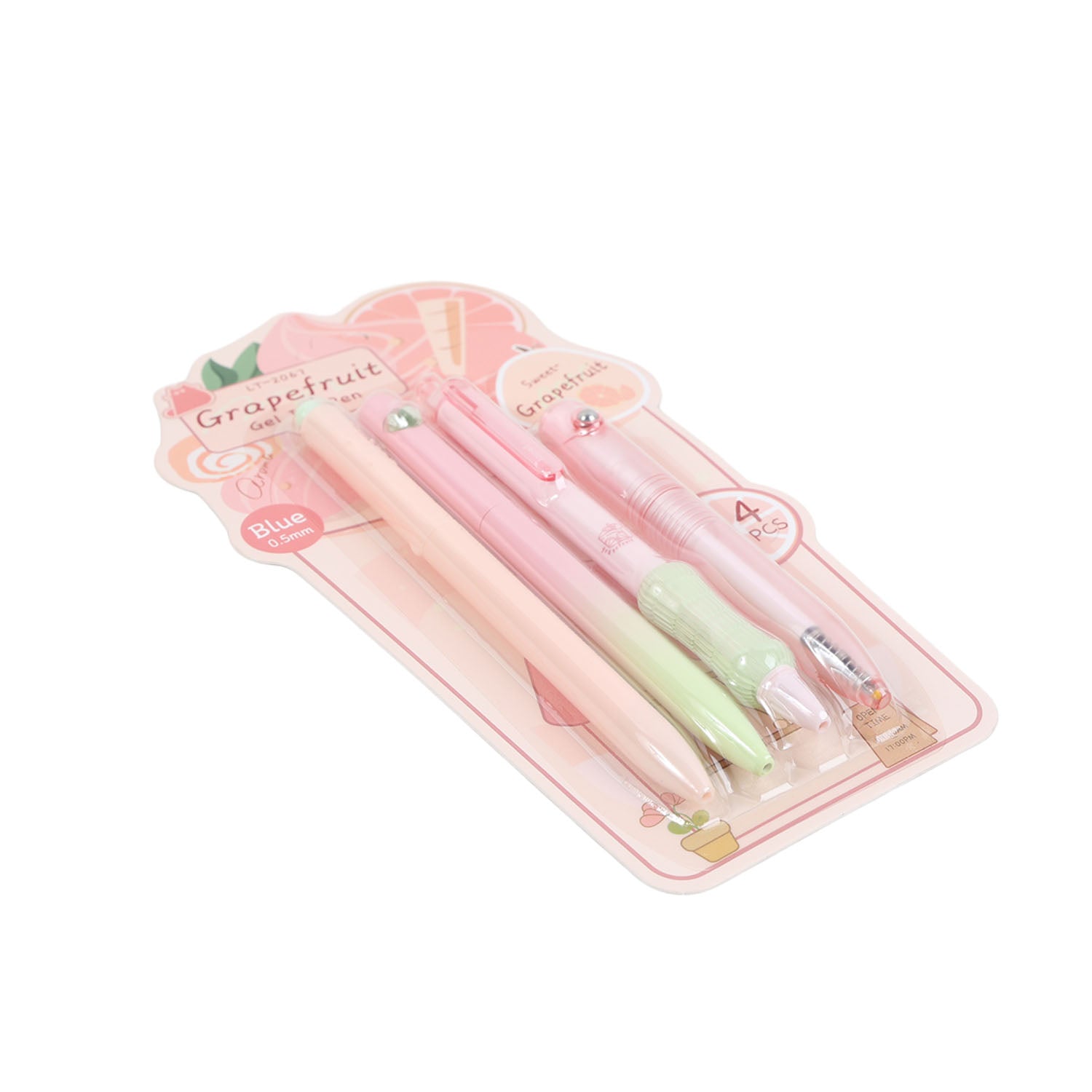 4-piece grapefruit gel pen set in blister; includes green and pink gel pens