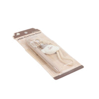 Push-button ballpoint pen blister pack with character charm; beige pen, angled view.