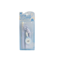 Light blue push-button ballpoint pen with smiling ball buddy charm on lanyard