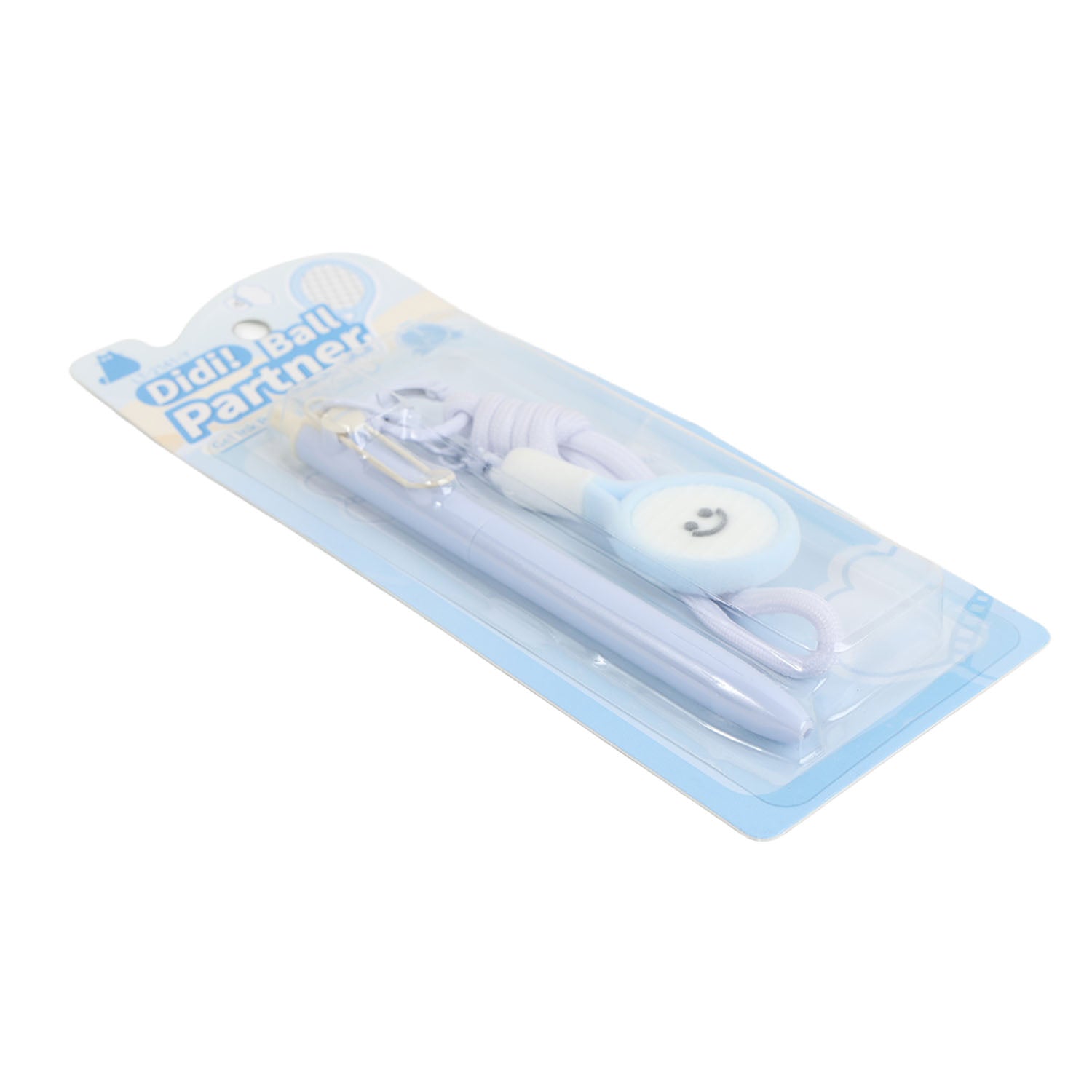 Light blue push-button ballpoint pen with smiley ball buddy design on blister card