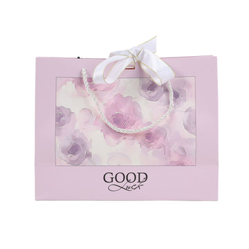 Medium gift bag with ribbon handles, light pink, floral print window