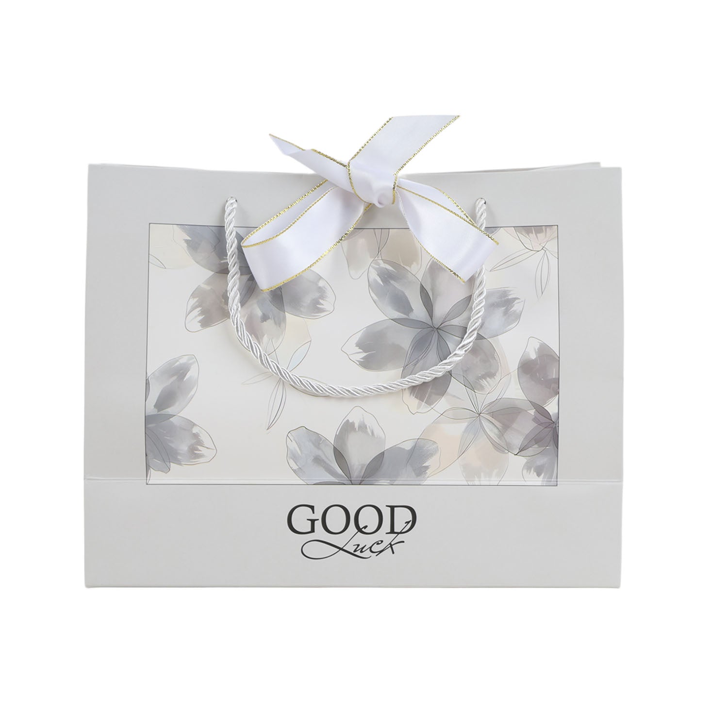 Medium gift bag with ribbon handles, gray, floral print window