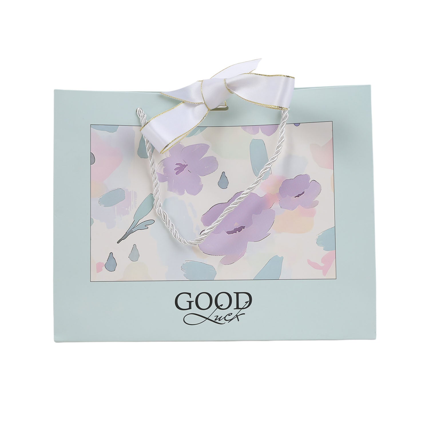 Medium gift bag with ribbon handles, light blue, floral print window