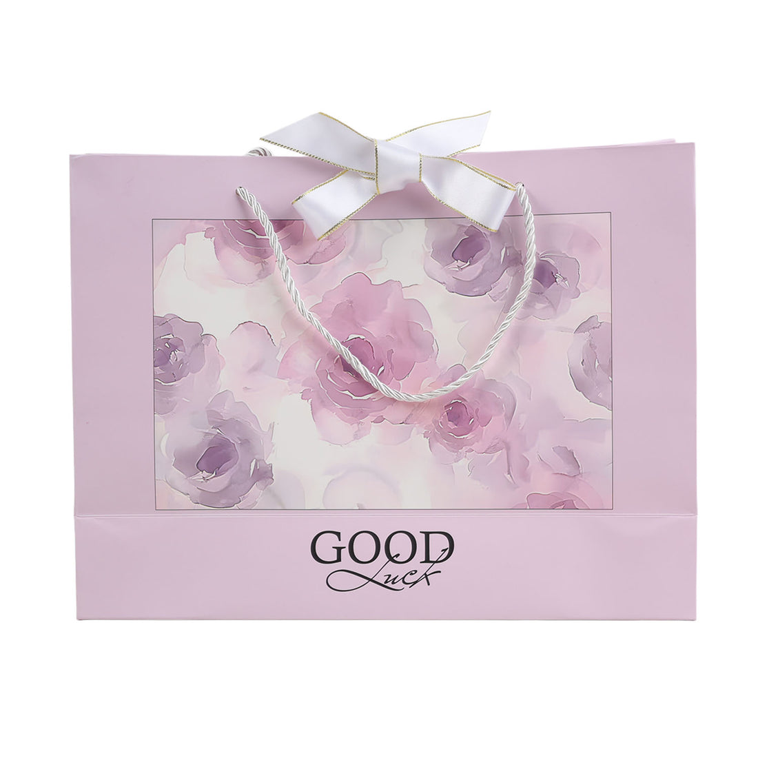 Light pink large gift bag with rope handles, floral print and 'GOOD Luck' text