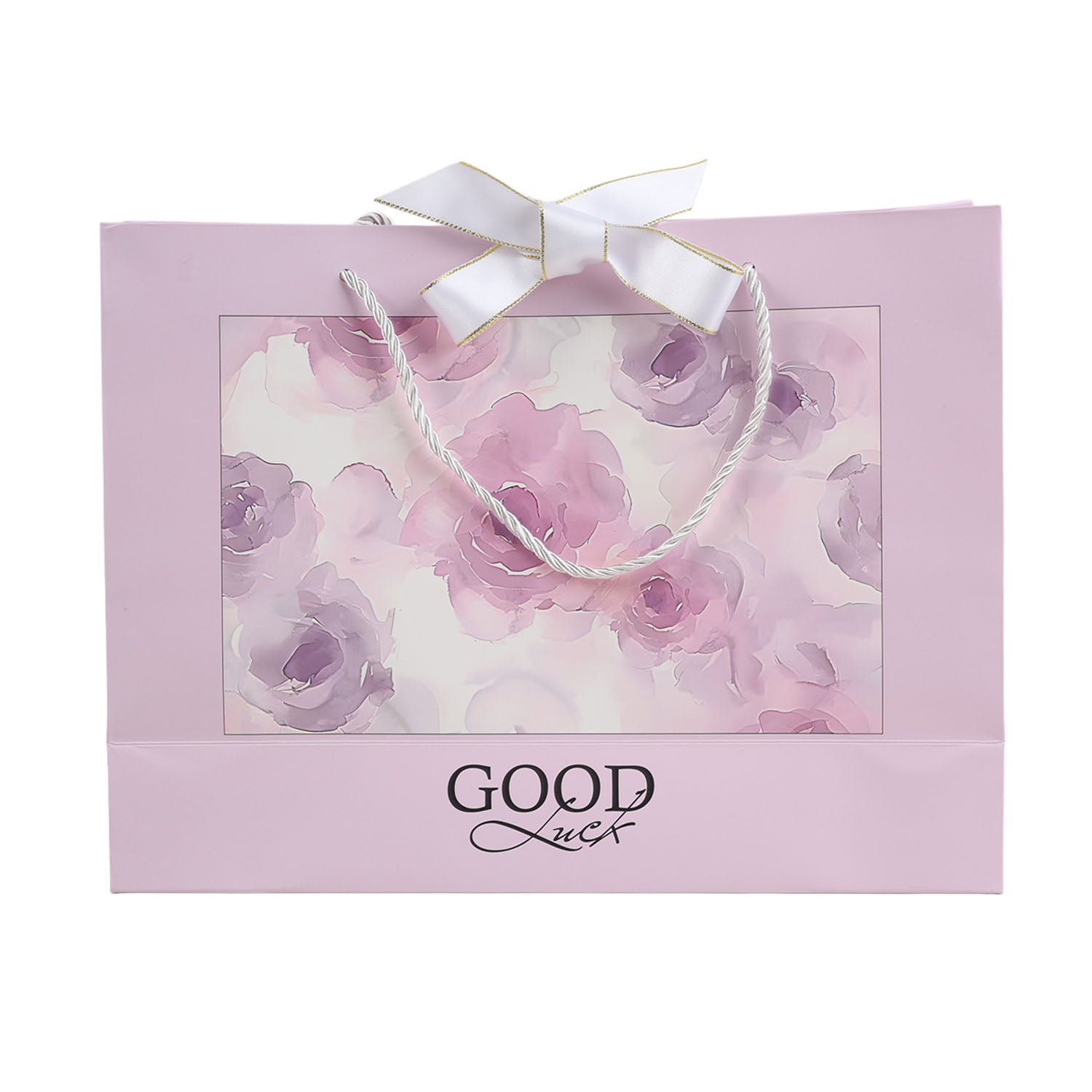 Light pink large gift bag with rope handles, floral print and 'GOOD Luck' text