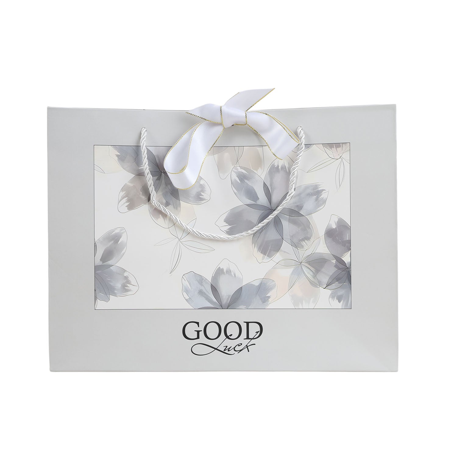 Gray large gift bag with rope handles, floral print and 'GOOD Luck' text