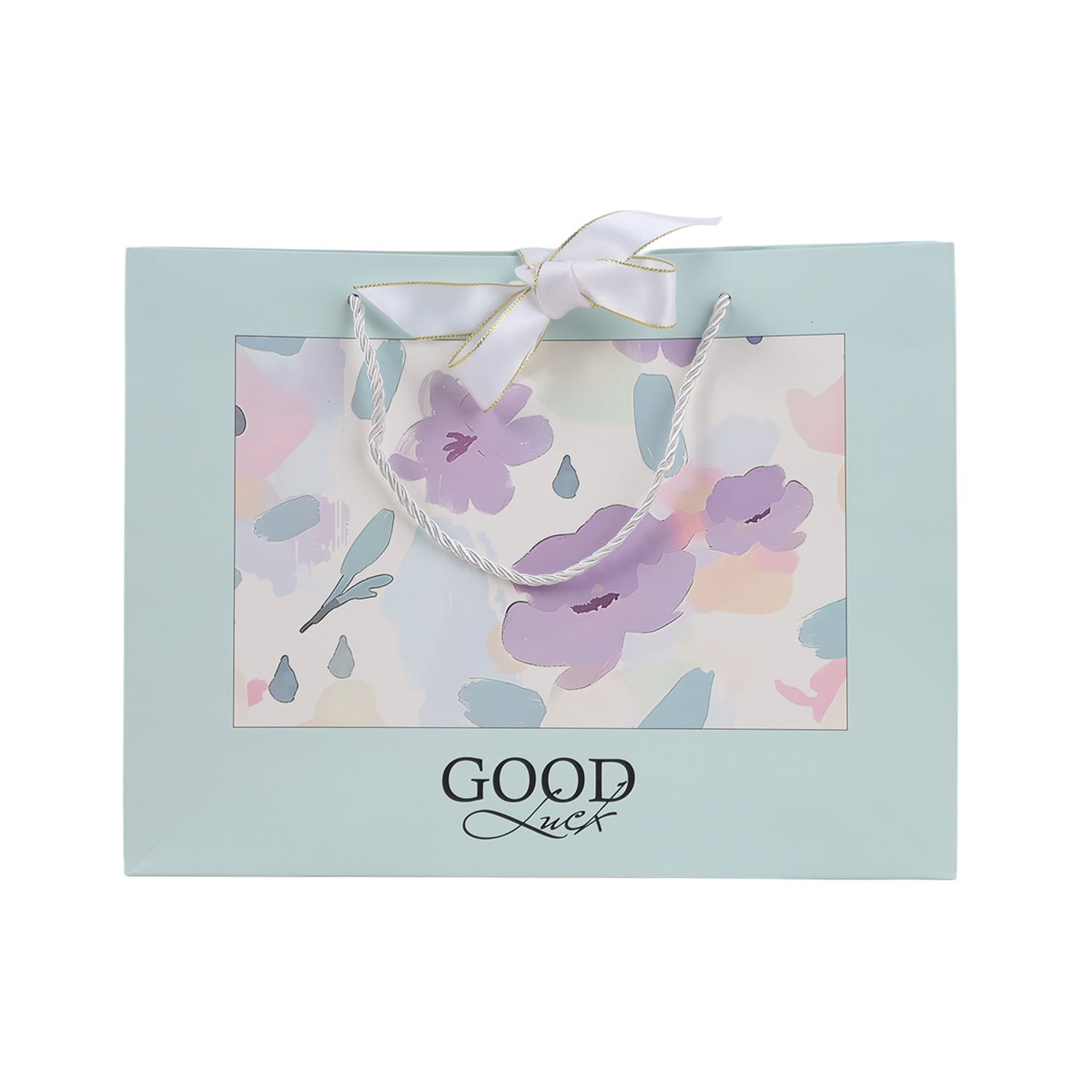 Light blue large gift bag with rope handles, floral print and 'GOOD Luck' text