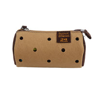 Brown acrylic marker pouch with zipper and stitched eyelet holes