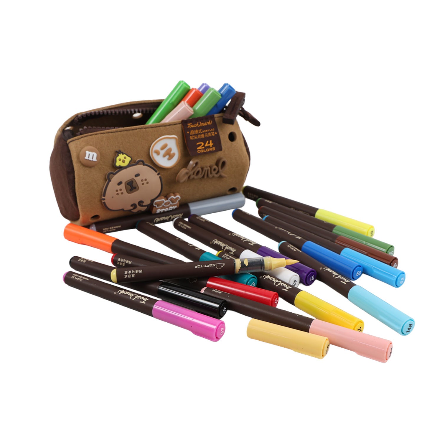 Acrylic marker set in brown pouch with 24 colored markers visible