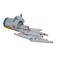 Water-based markers set with colored caps and white barrels, bundled with holder