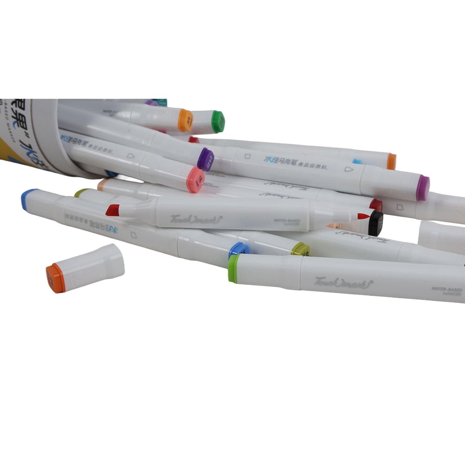 Water-based markers laid out with colored caps, fine tips, and white barrels