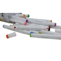 Water-based markers laid out with colored caps, fine tips, and white barrels