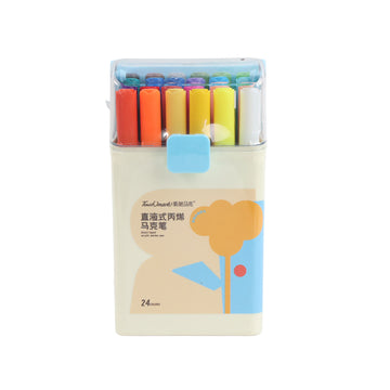 Set of 24 acrylic art markers in a clear plastic box with colored caps visible