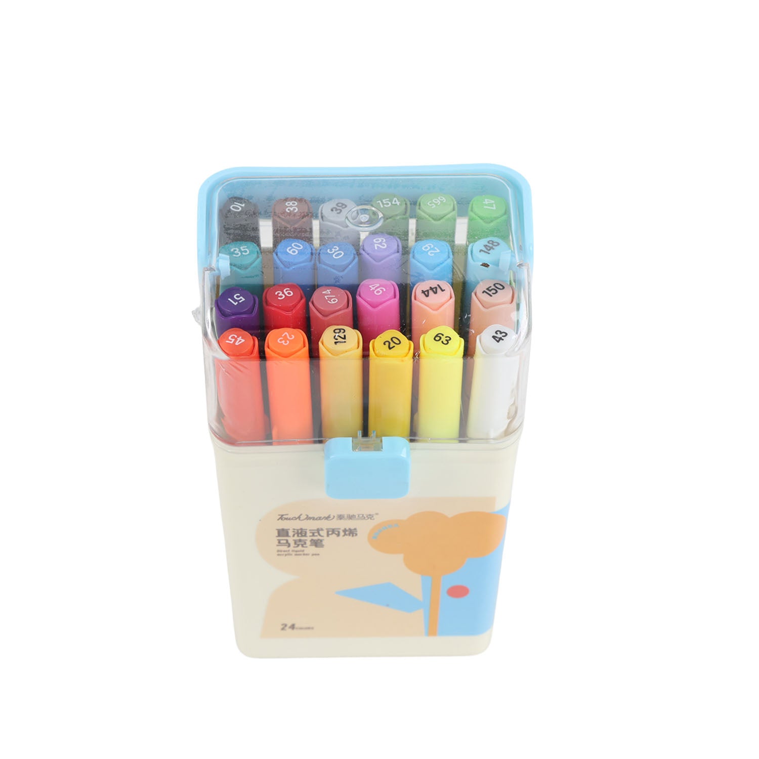 24 acrylic art markers, top view with multiple colored caps in a transparent storage box
