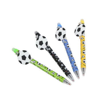 Set of four soccer ball eraser pens: green, black, blue, and yellow