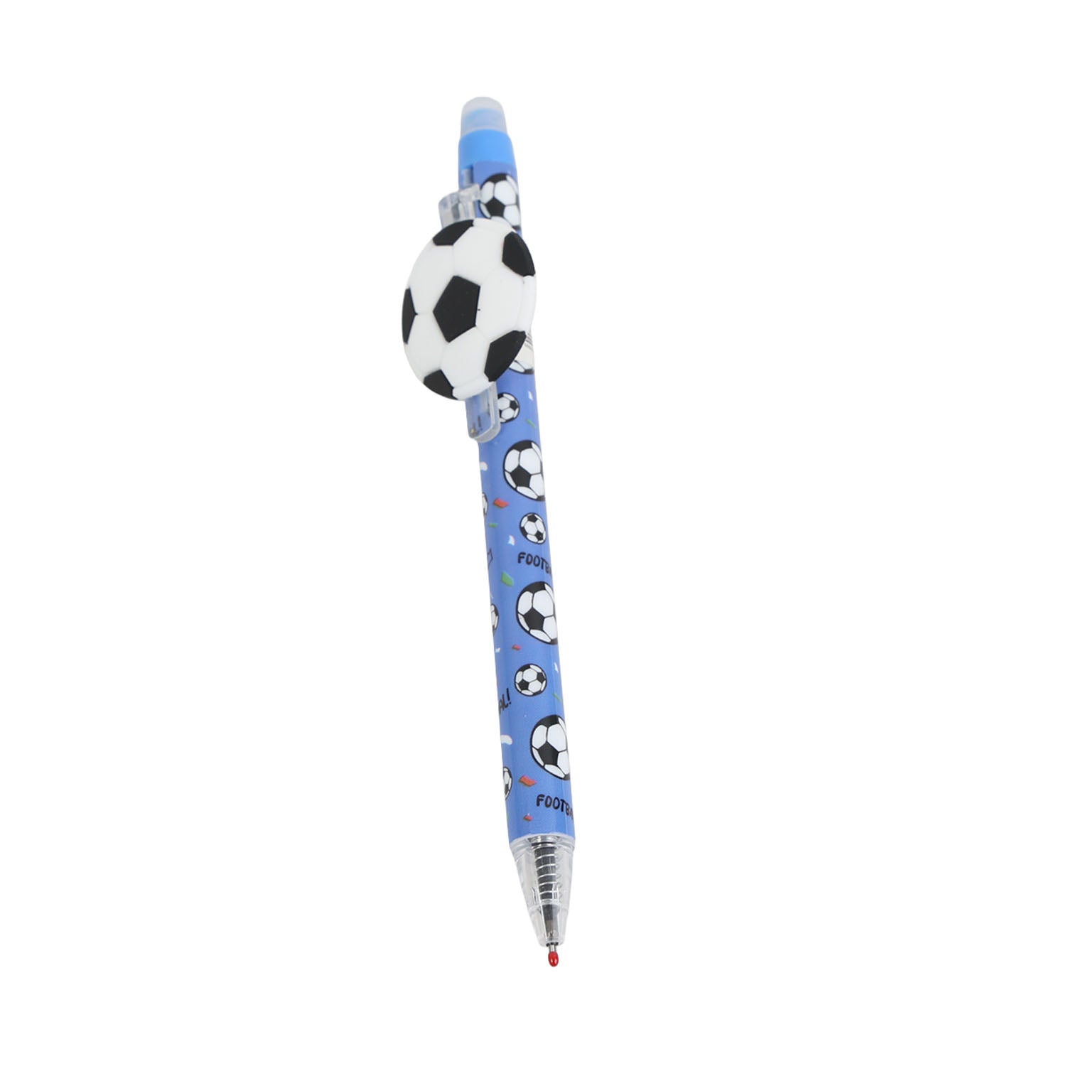 Soccer ball eraser pen with blue barrel and black/white soccer ball topper