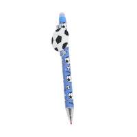 Soccer ball eraser pen with blue barrel and black/white soccer ball topper